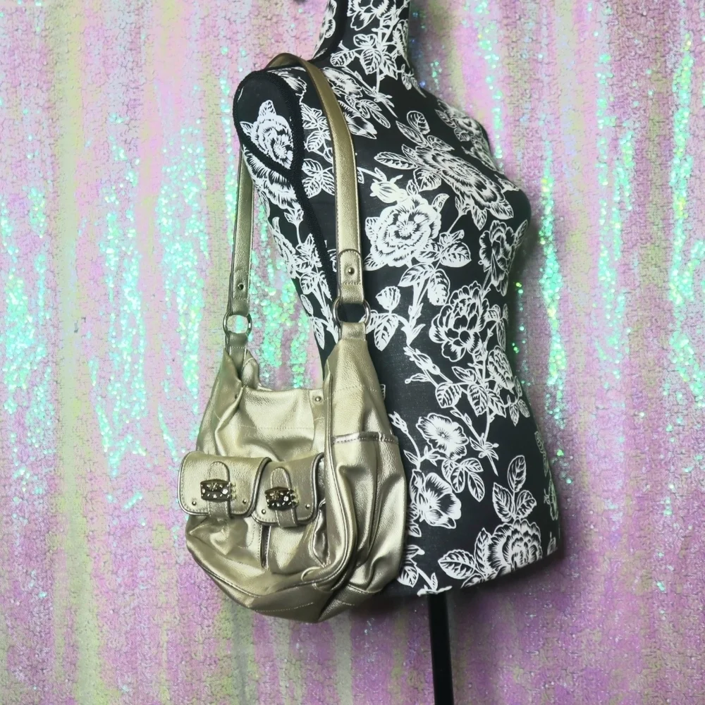 Y2K SATCHEL BAG Kathy New Zealand Light Gold Metallic Handbag 90s Pockets Winter - Picture 2 of 13